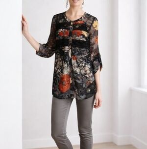 Anthropologie Meadow Rue Vibrant Floral Sheer Crochet Blouse